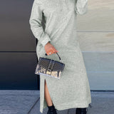 kkboxly  Drawstring Split Dress, Casual Hooded Long Sleeve Maxi Dress, Women's Clothing