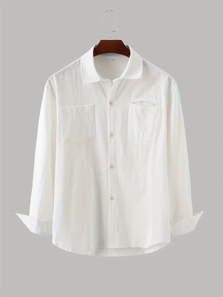 kkboxly  Mens Casual Basic Turndown Collar Soft Cotton Shirt With Chest Pocket, Male Clothes For Spring And Fall