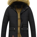 kkboxly  Men's Winter Removable Hooded Cotton-padded Jacket Coat Sherpa Lined Midi Packable Parka Jackets, Men's Parka