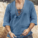 kkboxly  Men's Breathable Creative Cotton Top, Casual Slightly Stretch Short Sleeve V Neck T-shirt, Men's Tee For Summer Outdoor