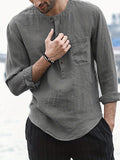kkboxly  Cotton Linen Tops, Men's Plus Size Loose Casual Streetwear With Pocket, Simple All-match Solid O-Neck Long Sleeve Shirts