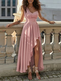 kkboxly  Asymmetrical Ruffle Hem Split Dress, Solid Sleeveless Ruched Dress For Party, Women's Clothing