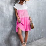 kkboxly  Women's Summer Dress Sleeveless Ruffle Sleeve Round Neck Mini Dress Color Block Loose Short Flowy Pleated Dress