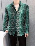 kkboxly  Men's Stylish  Snake Skin Printed Shirt, Casual Breathable Lapel Slightly Stretch Button Up Long Sleeve Shirt Top For City Walk Street Hanging Outdoor Activities
