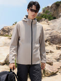 kkboxly  Men's Solid Soft-Shell Jacket With Zipper Pockets, Casual Comfy Hooded Jacket For Men's Outdoor Activities