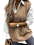kkboxly  Cable V-Neck Sweater Vests, Casual Loose Sleeveless Fall Winter Knit Sweater Vest, Women's Clothing