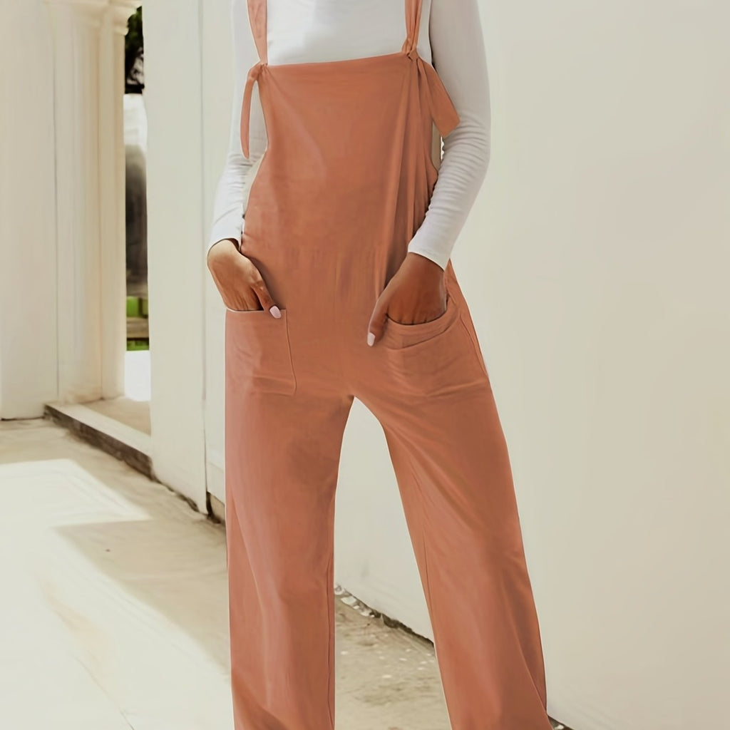 kkboxly  Solid Patched Pockets Knot Strap Overall Jumpsuit, Casual Overall Jumpsuit For Spring & Summer, Women's Clothing