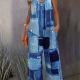 kkboxly  Denim Print Wide Leg Jumpsuit, Casual Sleeveless Jumpsuit For Spring & Summer, Women's Clothing