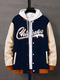Retro Letter Print Preppy Varsity Jacket, Men's Casual Baseball Jacket Coat Regular Fit College Hipster Windbreaker For Spring Autumn