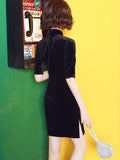 kkboxly  Chinese Vintage Split Cheongsam, Half Sleeve Mandarin Collar Dress, Women's Clothing