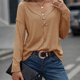 kkboxly  Long Sleeve V-Neck Henley Top, Oversized Solid Color Shirt, Casual Tops For Fall & Winter, Women's Clothing