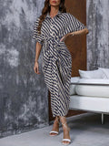 All Over Print Cinched Waist Dress, Casual Collared Half Sleeve Midi Dress, Women's Clothing