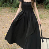 kkboxly  Solid Square Neck Dress, Elegant Ruffle Sleeve Shirred Dress For Spring & Summer, Women's Clothing