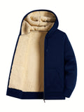 kkboxly  Solid Sherpa Lined Men's Hooded Jacket Casual Long Sleeve Hoodies With Zipper Gym Sports Hooded Coat For Winter Fall