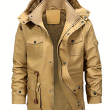 kkboxly  Warm Fleece Hooded Jacket, Men's Casual Multi Pocket Jacket Coat For Fall Winter