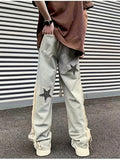 Men's Vintage Style Stars Pattern Loose Denim Pants With Pockets, Casual Breathable Cotton Blend Straight Leg Jeans For Spring Fall