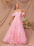 kkboxly  Sweetheart Neck Floral Dress, Puff Sleeve Off-shoulder Floor Length A-line Dress, Women's Clothing