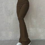 kkboxly  Solid Ribbed Flare Leg Pants, High Waist Slim Elastic Pants, Women's Clothing