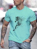 kkboxly  Running Horse Men's T-shirt For Summer Outdoor, Casual Slightly Stretch Crew Neck Tee Short Sleeve Graphic Stylish Clothing