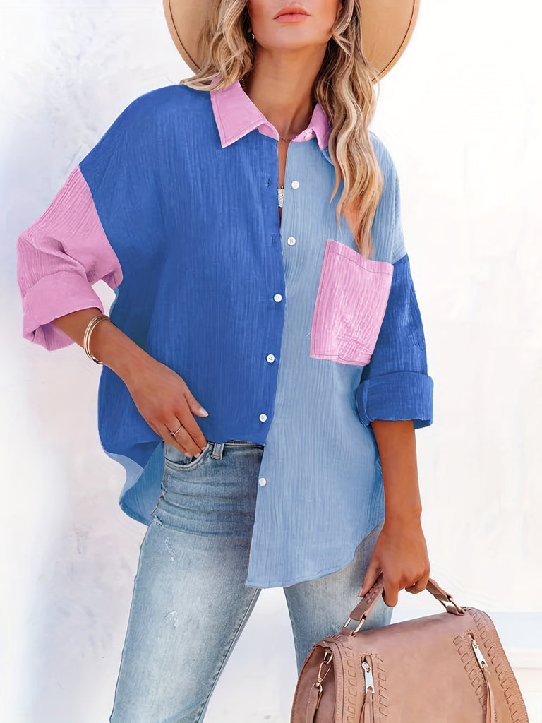 kkboxly  Color Block Stitching Shirt, Casual Pocket Long Sleeve Button Down Shirt, Women's Clothing