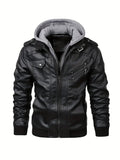 kkboxly  Men's PU Hooded Biker Jacket, Men's Casual Multi Pockets Stylish Faux Leather Jacket Coat