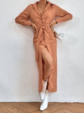 kkboxly  Solid Draped Lapel Button Front Tie Waist Dress, Elegant Long Sleeve Lightweight Split Maxi Dress, Women's Clothing