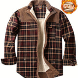kkboxly  Men's Plaid Print Jacket, Windproof Thermal Patchwork Lapel Winter Shirt For Men's Winter Outdoor Activities
