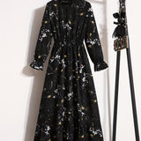 Kkboxly   Floral Print Ruffle Trim Dress, Elegant Stand Collar Long Sleeve Maxi Dress, Women's Clothing