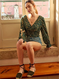 kkboxly  Ditsy Floral Print Blouse, Boho Tie Back Long Sleeve Shirred Blouse, Women's Clothing