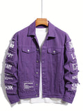 kkboxly  Letter Print Denim Jacket, Men's Casual Chic Lapel Chest Pocket Jacket