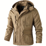 kkboxly  Multi Pocket Detachable Hooded Jacket Coats, Men's Casual Zip Up Stand Collar Windbreaker Jacket For Spring Fall Outdoor Hiking Climbing Camping Cycling
