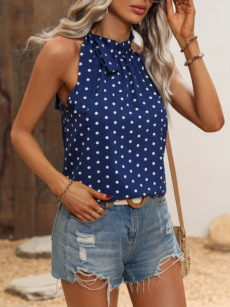 kkboxly  Polka Dot Halter Neck Blouse, Sleeveless Casual Top For Spring & Summer, Women's Clothing