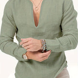 kkboxly  Men's Shirt Top V Neck Breathable Beach Shirt Long Sleeves Closure Regular Fit Solid Color Male Casual Shirt For Daily Vacation Resorts