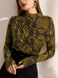 kkboxly  Floral Print Mock Neck Top, Boho Long Sleeve Slim Top For Spring & Summer, Women's Clothing