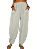 kkboxly  Solid Elastic Waist Pants, Casual Long Length Versatile Pants With Pockets, Women's Clothing