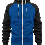 kkboxly  Men's Casual Zip Up Hoodie, Color Block Hooded Jacket For Sports