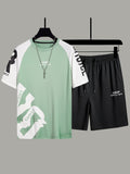 kkboxly  ''KEEP SMILING'' Print, Men's 2Pcs, Casual T-shirt And Loose Drawstring Shorts For Running, Training, Basketball