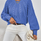 Solid Cable Knit Sweater, Casual Crew Neck Long Sleeve Sweater, Women's Clothing