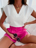 kkboxly  Elegant Solid V Neck Blouse, Short Sleeve Blouse For Spring & Summer, Women's Clothing