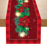 Festive Santa Claus Christmas Table Runner - Red and Black Plaid Holiday Dining Decor, Polyester Woven Christmas Table Decoration
