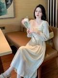 kkboxly  Solid Contrast Lace Dress, Elegant Long Sleeve Squared Neck Ruched Dress, Women's Clothing