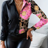 kkboxly   High Contrast Print Blouse, Long Sleeve Button Down Shirt, Casual Night Out Tops For Party & Club, Women's Clothing