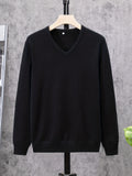 kkboxly  All Match Knitted Solid Sweater, Men's Casual Warm Slightly Stretch V Neck Pullover Sweater For Men Fall Winter