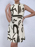 kkboxly  Brush Print Mock Neck Dress, Sleeveless Dress For Spring & Summer, Women's Clothing