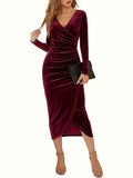 kkboxly  Long Sleeve Draped Dress, Elegant Surplice Neck Slim Dress, Women's Clothing