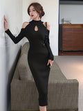 kkboxly  Cold Shoulder Keyhole Dress, Elegant Solid Long Sleeve Midi Dress, Women's Clothing