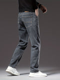 kkboxly  Men's Stylish Cotton Blend Solid Denim Trousers With Pockets, Causal Breathable Slim-fit Jeans For Spring Fall Outdoor Activities