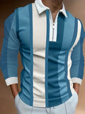 kkboxly  Men's Stripe Long Sleeve Zip Polo Shirt, Men's Clothing