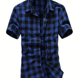 kkboxly  Classic Men's Casual Plaid Short Sleeve Shirt With, Men's Shirt For Summer, Tops For Men
