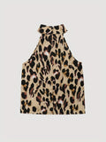kkboxly  Leopard Print High Neck Blouse, Sexy Sleeveless Ruched Blouse, Women's Clothing